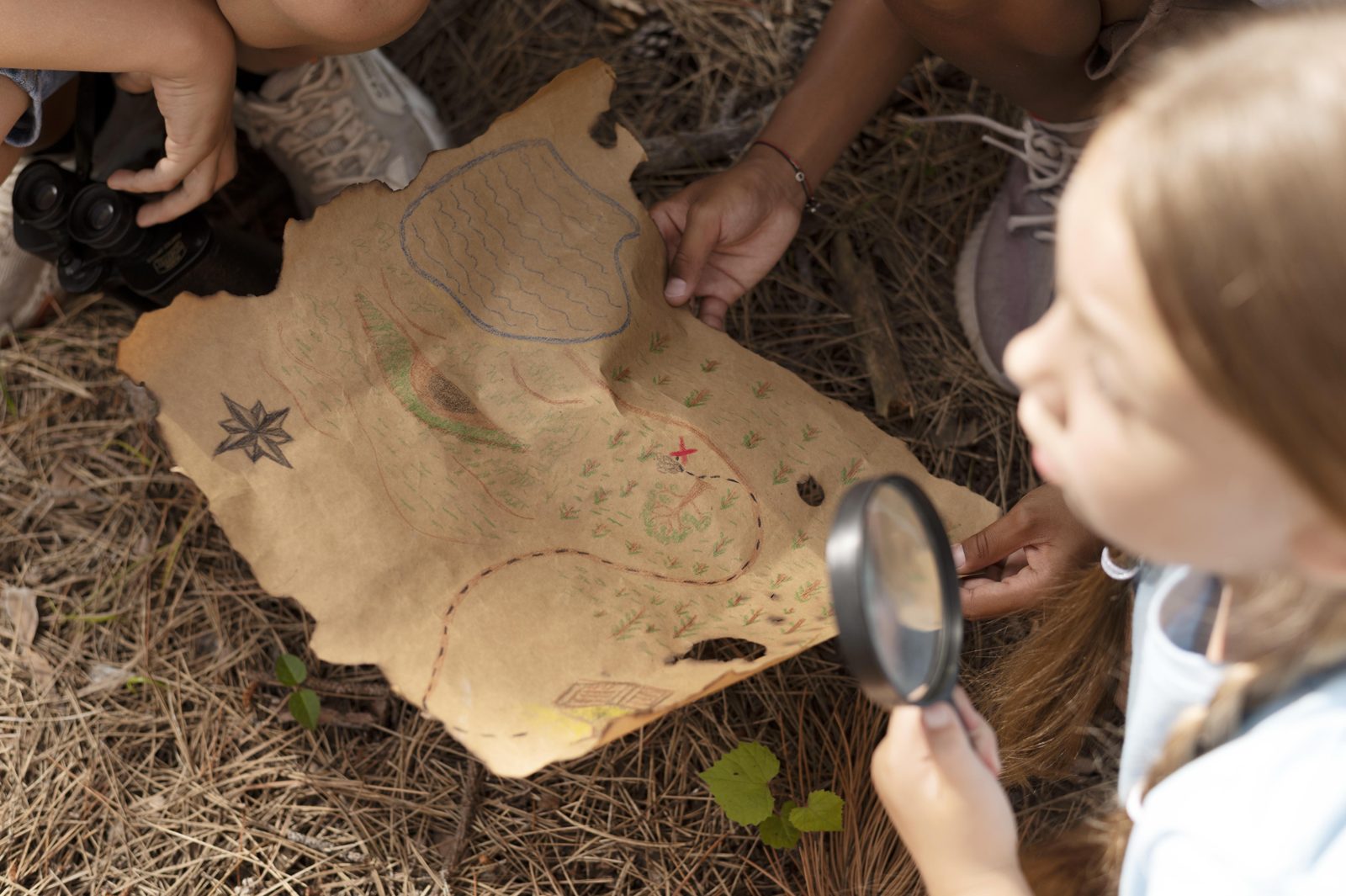 Children looking at a treasure map with a magnifying glass